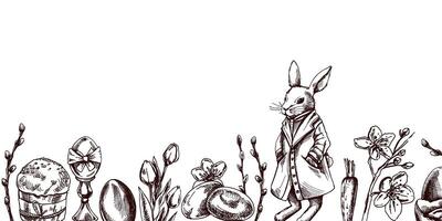 Vintage Easter border with elegant rabbit in coat, eggs, willow branches, flowers, and festive holiday elements vector