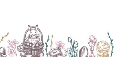 Easter border with bunny in basket, eggs, willow branches, and festive spring flowers in vintage hand drawn style vector