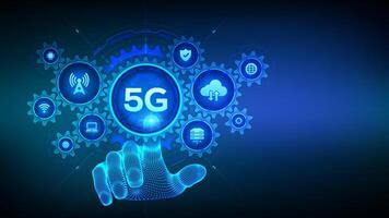 5G network wireless systems technology concept. Smart city. IOT. 5G mobile internet wifi connection. Wireframe hand touching digital interface with connected gears cogs and icons. vector