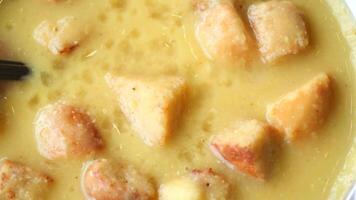 Top view of Lentil soup with croutons video