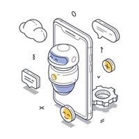 Friendly ai chat bot robot interacting with a smartphone design in a digital environment isometric illustration vector