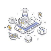 Delivery app concept featuring diverse food items and beverages arranged in a modern isometric design vector