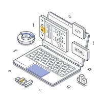 Laptop displaying HTML code with design elements around a workspace setup isometric line art illustration vector