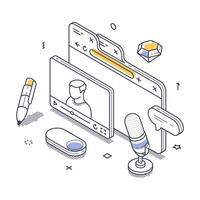 Modern digital workspace featuring isometric elements in line art style vector