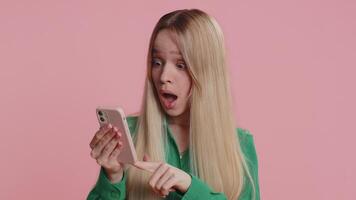 Sad woman use smartphone typing browsing loses becoming surprised sudden lottery result bad fortune video