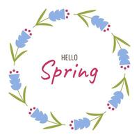 Round floral frame with Hello Spring lettering. Card for springtime season with simple flat flowers vector