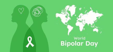 World Bipolar Day banner template with typography. Human profile with depression and like elements. Person and Earth map Silhouette. Sad and happy feeling design. March 30 background green color. vector