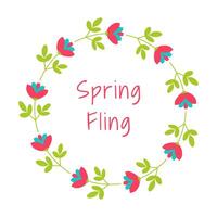 Spring fling text in floral frame. Springtime lettering with flat style flowers make circle textbox. vector