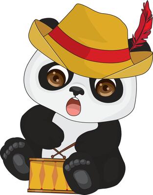 Cute Musician Panda With Drum And Sticks Chibi Character Mascot