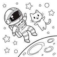 A fun and whimsical coloring page featuring an astronaut and a cat floating together in space. vector
