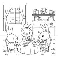 A charming and whimsical black and white line drawing of five anthropomorphic rabbits vector