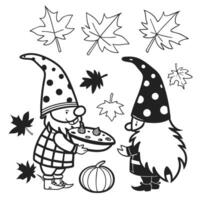 Create a charming black and white line drawing of two gnomes with tall hats. vector