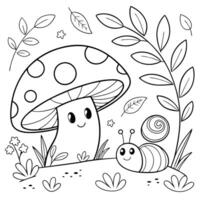 A detailed black and white line drawing of a mushroom with vector
