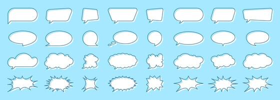 Collection of speech bubbles, text boxes, comic frames, cloud icons, stickers, and communication symbols. Includes explosion effects, splash shapes, and social media chat balloons in a playful doodle vector