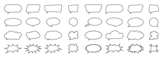 Collection of speech bubbles, text boxes, comic frames, cloud icons, stickers, and communication symbols. Includes explosion effects, splash shapes, and social media chat vector