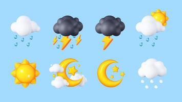 Collection of 3D Weather Icons. Realistic Clouds with Lightning, Rain, Snow, Moon and Sun. Versatile Set for Banners, Web Design, Postcards, and Digital Art. vector