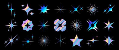 Collection of Holographic Stars and Geometric Labels. Iridescent Foil Star in Various Shapes with a Shimmering Rainbow Effect. vector