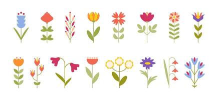 Spring colorful flowers set in flat style. Abstract floral geometric element for summer banner poster card. Minimalist icons blossom collection. vector