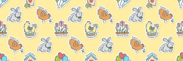 Easter colorful doodle icons stickers with quotes seamless pattern, hand-drawn spring hunt theme background with cute symbols, elements and lettering collection. vector