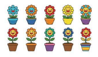 Whimsical and Fun Illustration of a Smiling Flower in a Pot Set with Unique Expressions and Patterns vector