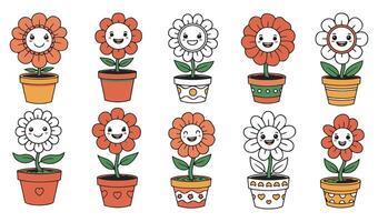 Cartoon-Style Illustration of a Smiling Flower in a Pot Set with Happy Expressions and Decorative Pots vector