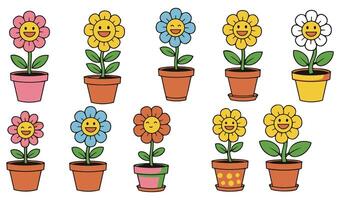 Cute and Vibrant Illustration of a Smiling Flower in a Pot Set Ideal for Kids' Designs and Creative Projects vector