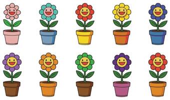 Adorable Illustration of a Smiling Flower in a Pot Set Featuring Colorful and Playful Floral Characters vector