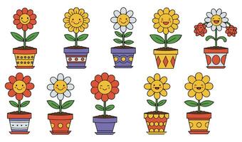 Bright and Cheerful Illustration of a Smiling Flower in a Pot Set for Whimsical Designs and Decorations vector