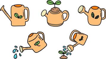 Watering can in the garden, Cartoon style watering can, Garden tools, Growth concept, Better development, Environmental concept, Save the world. vector
