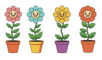 Charming and Lovely Illustration of a Smiling Flower in a Pot Set with Hand-Drawn Style Elements vector