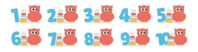 Numbers, cute owl character, cake set. Beautiful elements for Kids Birthday Party invitation, greeting card, poster, event, prints and cake toppers design vector