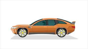 Concept illustration of detailed side of a flat orange sedan car. with shadow of car on reflected from the ground below. can view interior of car with driver man. vector