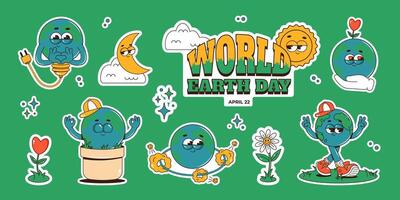 Retro planet Earth characters in groovy style. Funky globe mascot stickers with psychedelic smile. World Earth day. World Environment Day. Eco friendly labels, badges, tag vector
