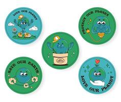 Retro characters planet Earth in groovy style. Funky circle stickers with psychedelic globe mascots. Love our planet and other quotes. Eco friendly labels, badges, tags vector