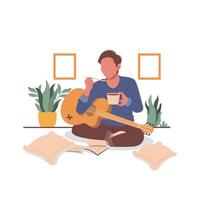man eat and playing guitar flat design illustration vector