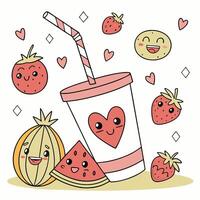 animated faces surrounding a large cup with a straw and a heart symbol on it vector
