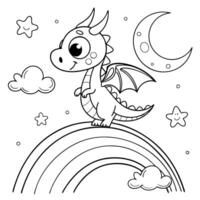 Create a black and white illustration of a cute dragon standing on a rainbow with clouds around it vector