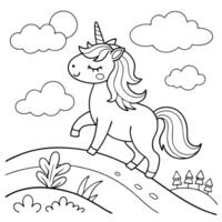 drawing of a serene unicorn standing on a hill, surrounded by clouds in the background. vector