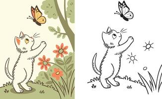A curious kitten reaching out to a butterfly hovering above vector