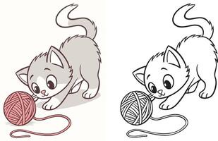 fluffy kitten pawing at a tangled ball of yarn. vector