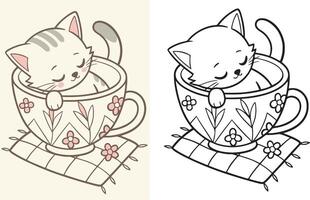 tiny kitten curled up inside a teacup with cute floral patterns. vector