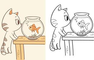 playful kitten staring at a goldfish inside a round fishbowl. vector