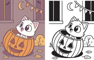 tiny kitten peeking out of a carved pumpkin with a happy expression. vector