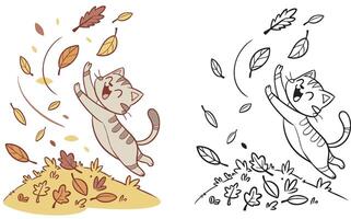 A joyful kitten jumping into autumn leaves vector