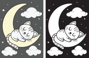 A relaxed kitten napping peacefully on a moon with clouds vector