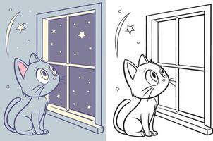 A curious kitten sitting on a windowsill, staring at a starry sky. vector