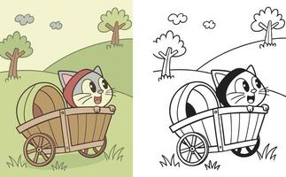 Kitten in a Wagon A happy kitten sitting inside a wooden wagon, ready for a fun ride. vector