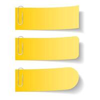 Three yellow paper notes with clips on white background vector