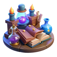 A table with a book, a flask and a candle png