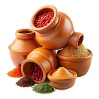 wonderful modern magnificent minimalist 3D Render Spices in Clay Pots high resolution 4K png